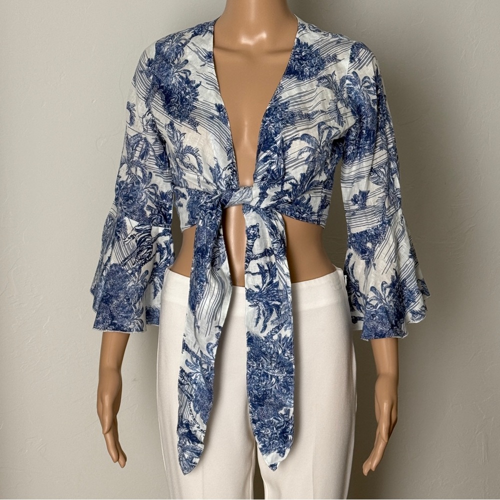 luisa positano 100% linen botanical/tropical print tie-front wrap top blue/white